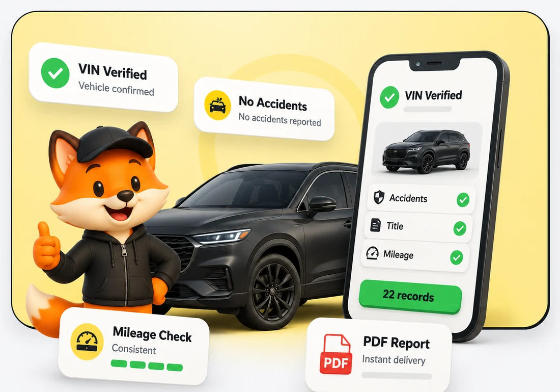 Friendly fox mascot with a verified vehicle history report, car, phone and PDF report cards